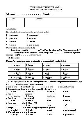 Đề kiểm tra viết 1 tiết số 2 môn Tiếng Anh Lớp 8